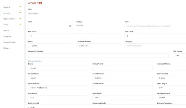 Amazon tab of a SureDone product record with fields such as ASIN, price, Browse Node ID, brand, bullet points and package weight